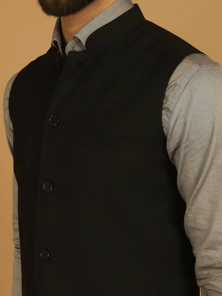 Even Apparels Nehru Jacket With Welt Pockets - Black | Swadesiicart