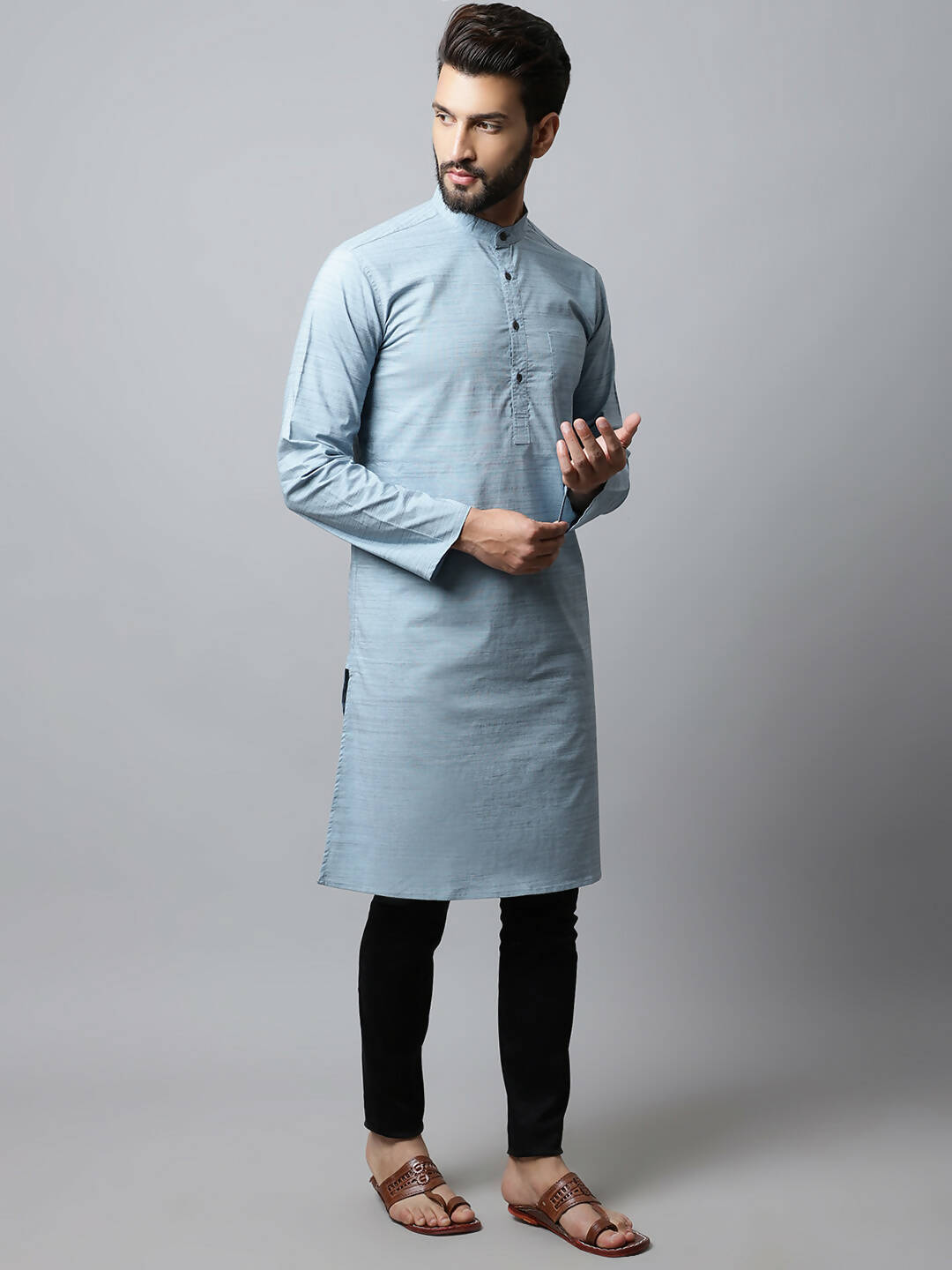 Even Apparels Blue Color Cotton Pure Cotton Men's Kurta With Side Placket (SLD1156) | Swadesiicart