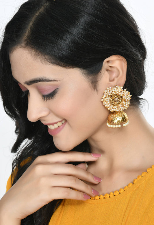 Mominos Fashion Johar Kamal Gold-Polished & Bead Party Wear Jhumka - Mominos Fashion
