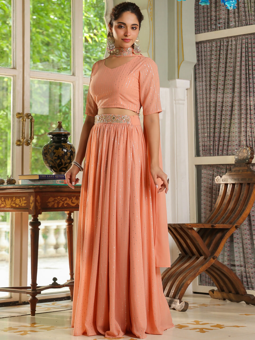 Janasya Peach Georgette Foil Print Lehenga Choli Dupatta | Swadesiicart