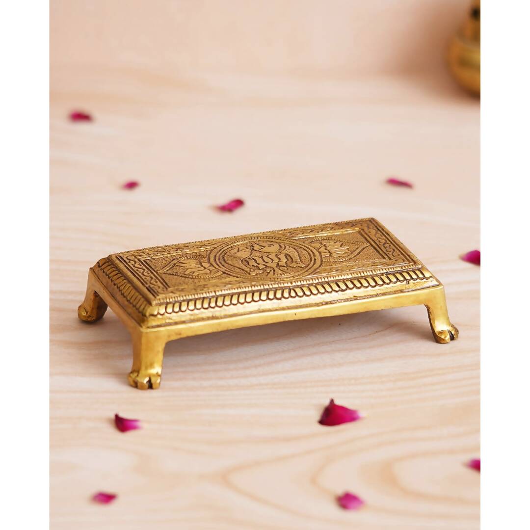 eCraftIndia Beige Lotus Flowers Engraved Pooja Chowki | Swadesiicart