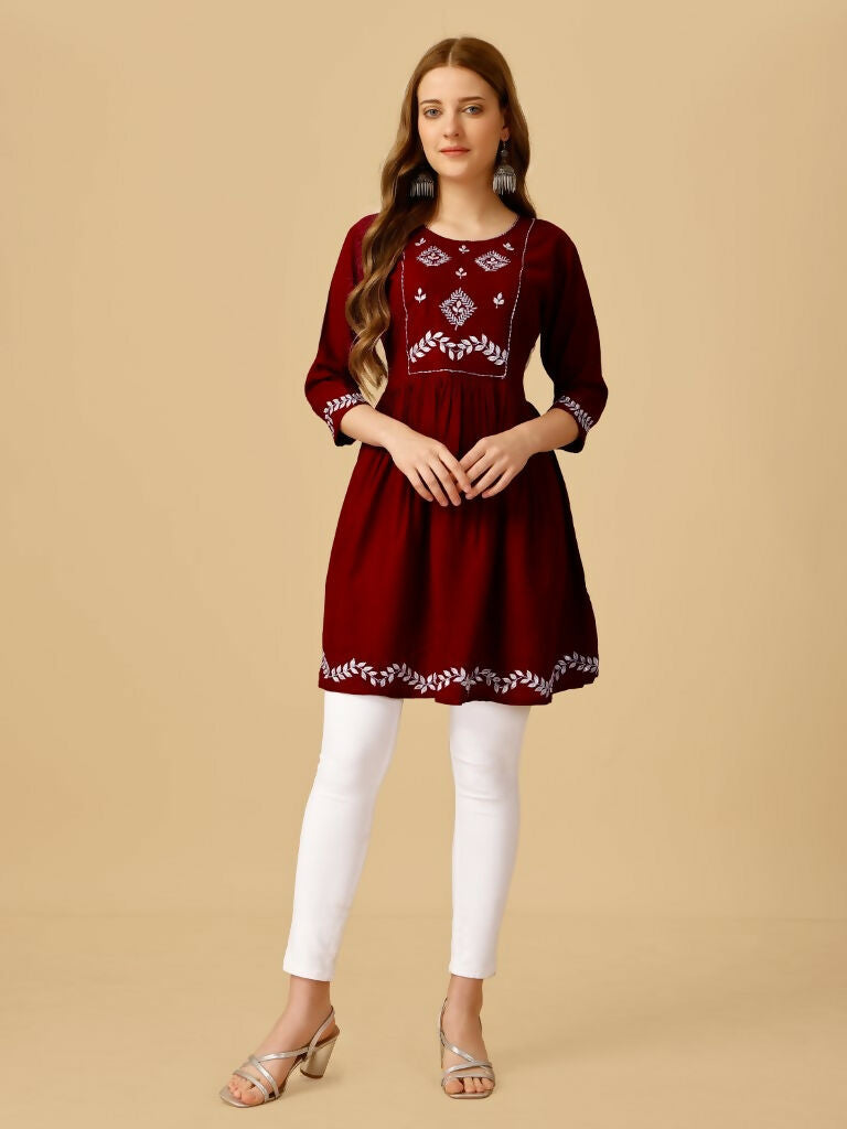 Jyoti Fashion Women's Maroon Viscose Rayon Embroidered Casual Top | Swadesiicart