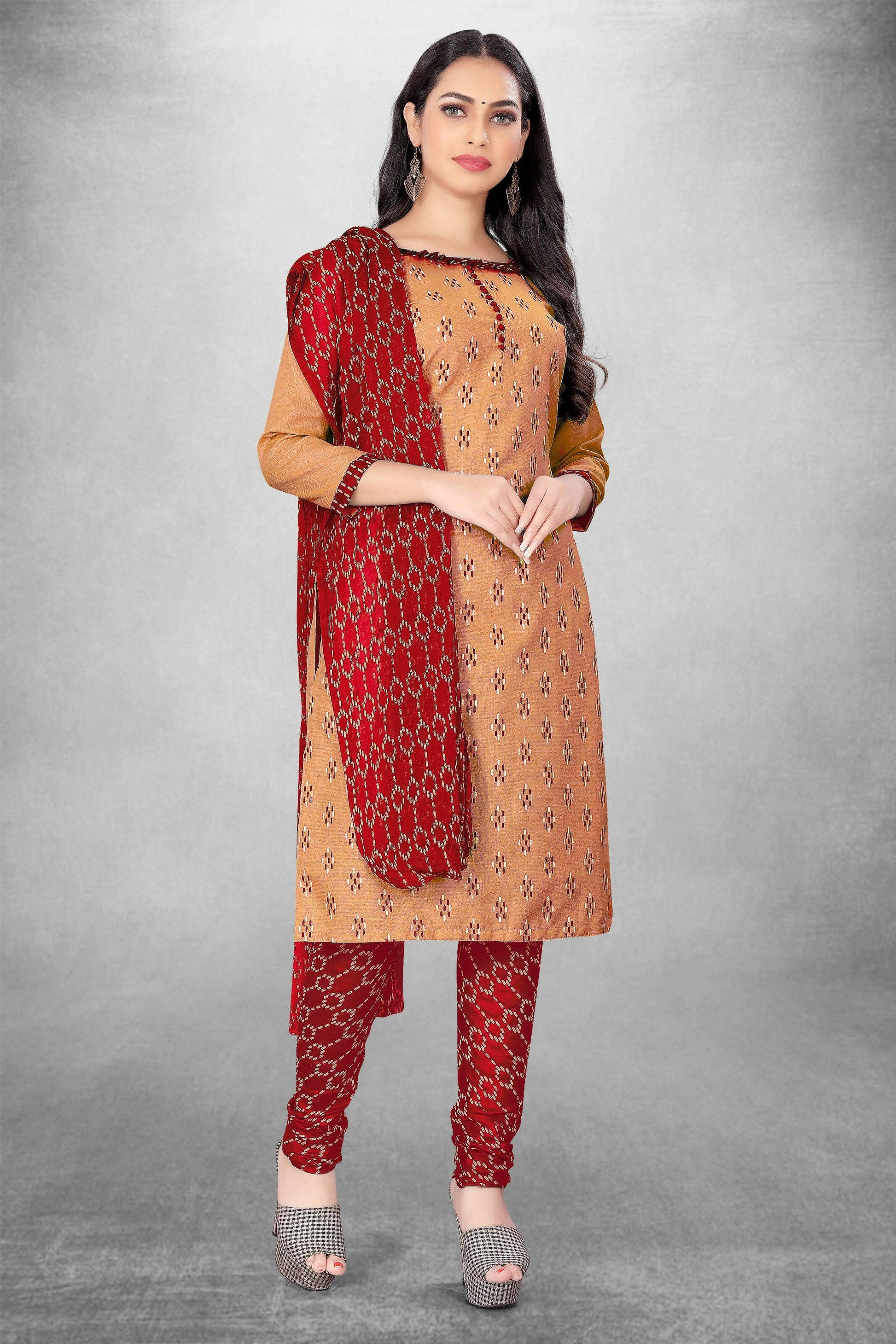 Beige Cotton Printed Unstitched Dress Material - Amara