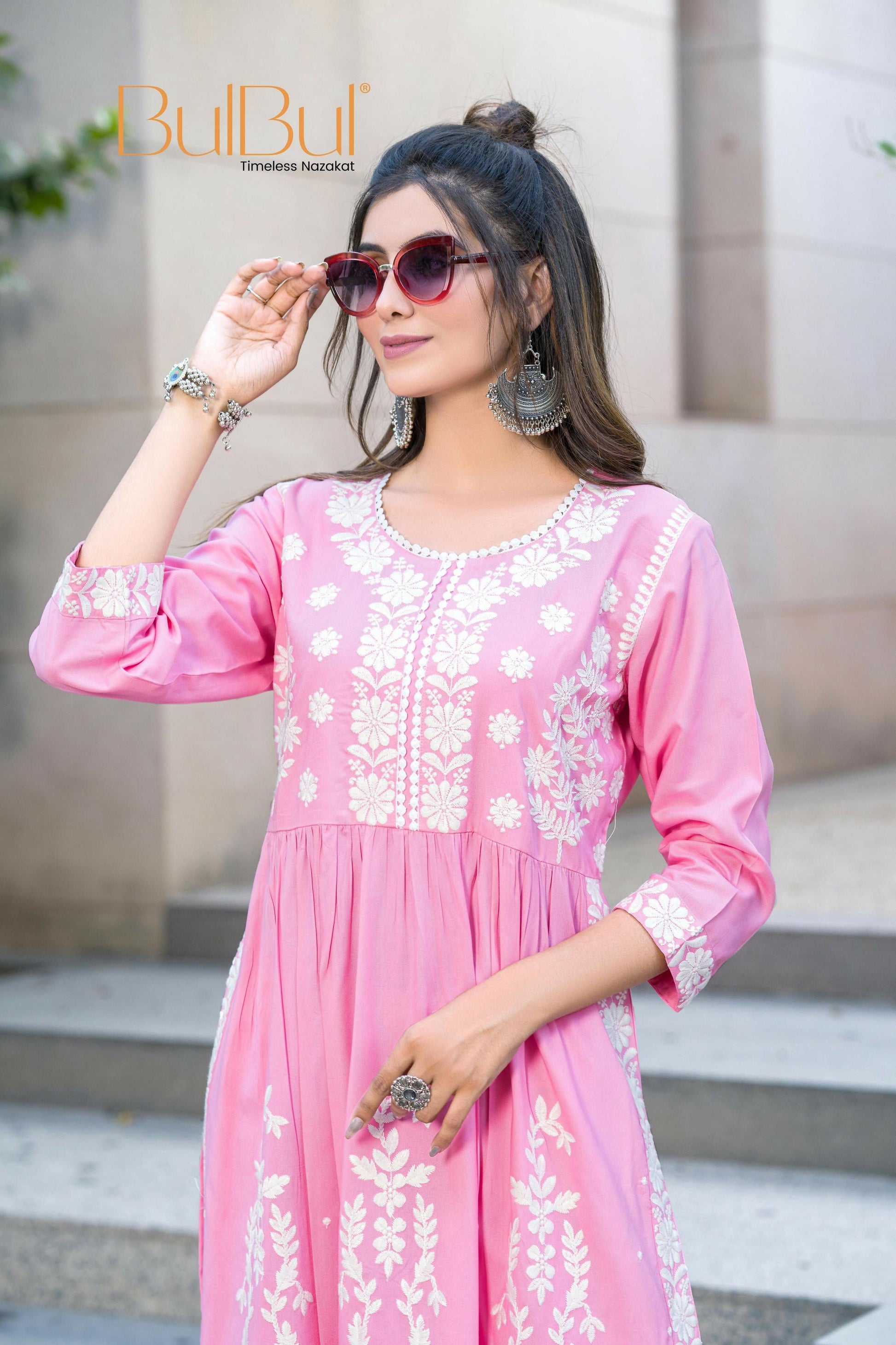 BulBul Arushi Pink Rayon Kurta Set with Lucknowi Work - Swadesiicart