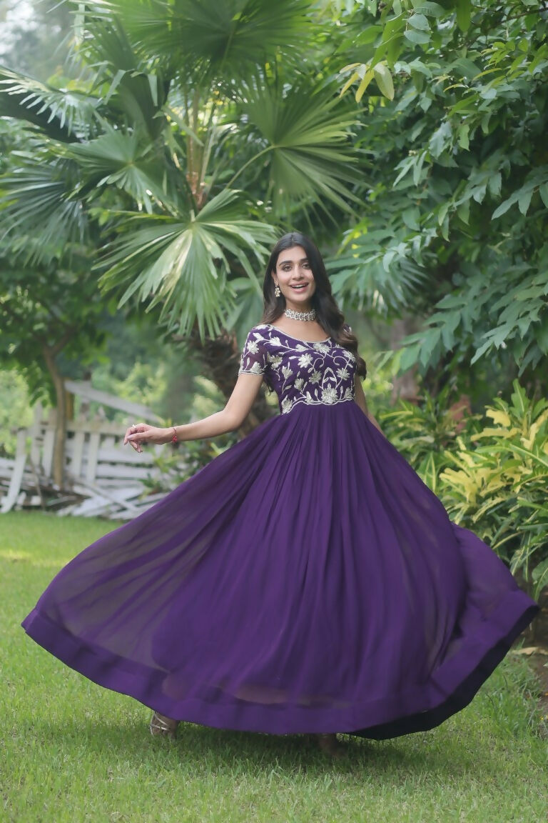 Jyoti Fashion Women's Purple Sequins Embroidered Faux Georgette Anarkali Dress | Swadesiicart