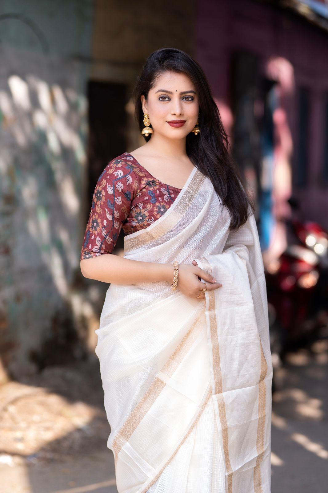 White Silk Blend Kalamkari Saree with Unstitched Blouse - Hiral Fashion | Swadesiicart