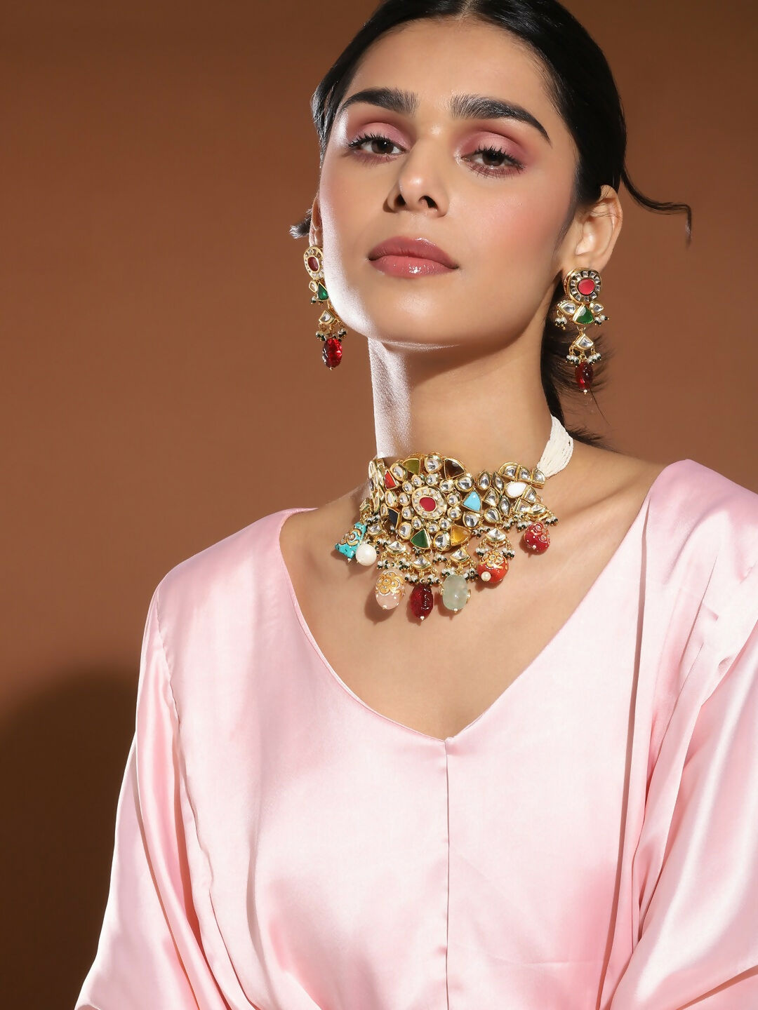 Maharani Multi Kundan Choker with Earrings- Ruby Raang | Swadesiicart