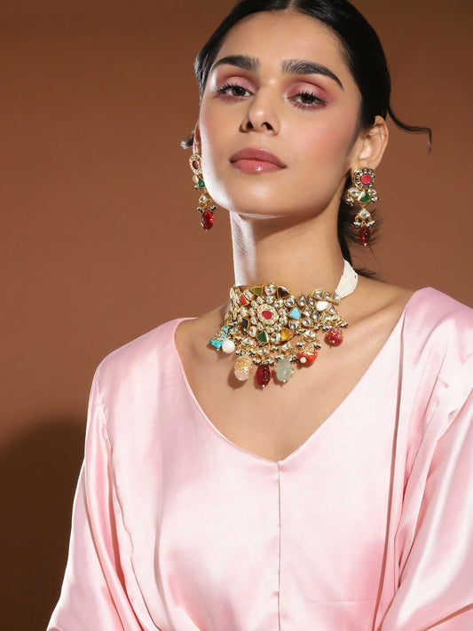 Maharani Multi Kundan Choker with Earrings- Ruby Raang | Swadesiicart