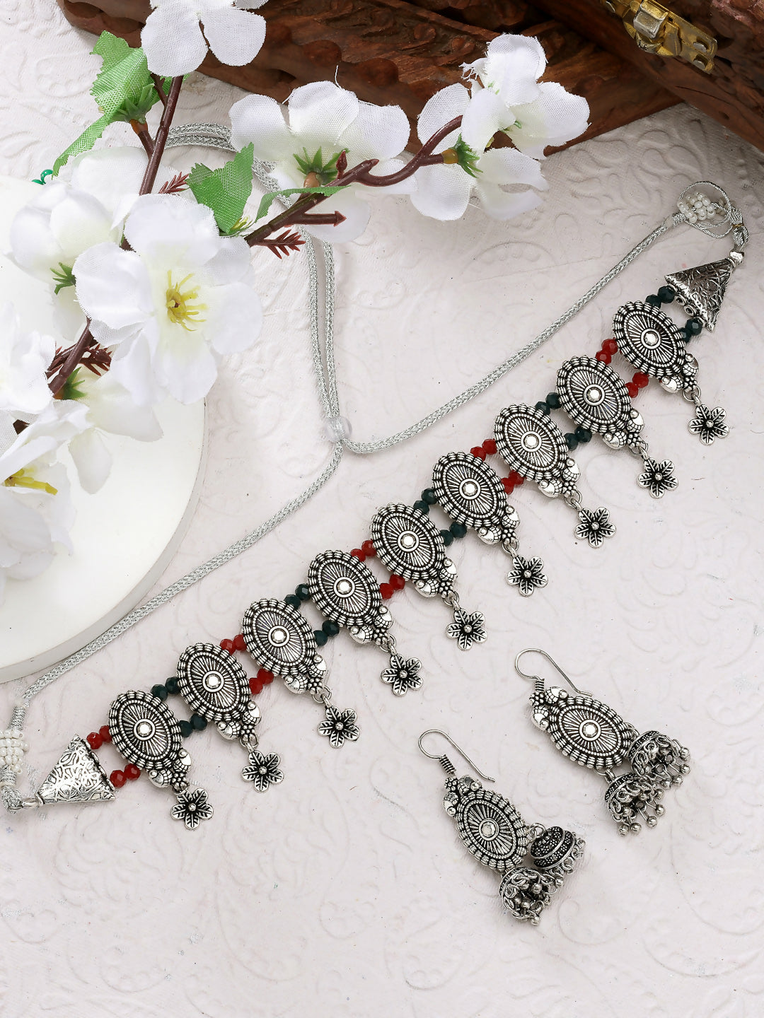 NVR Women's Silver-Plated Choke Oxidized Necklace with Jhumka Earrings - NR Retail-NVR