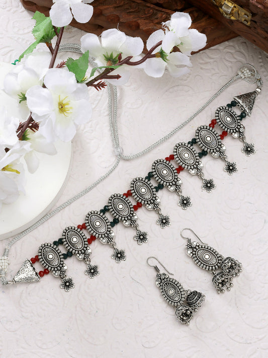 NVR Women's Silver-Plated Choke Oxidized Necklace with Jhumka Earrings - NR Retail-NVR