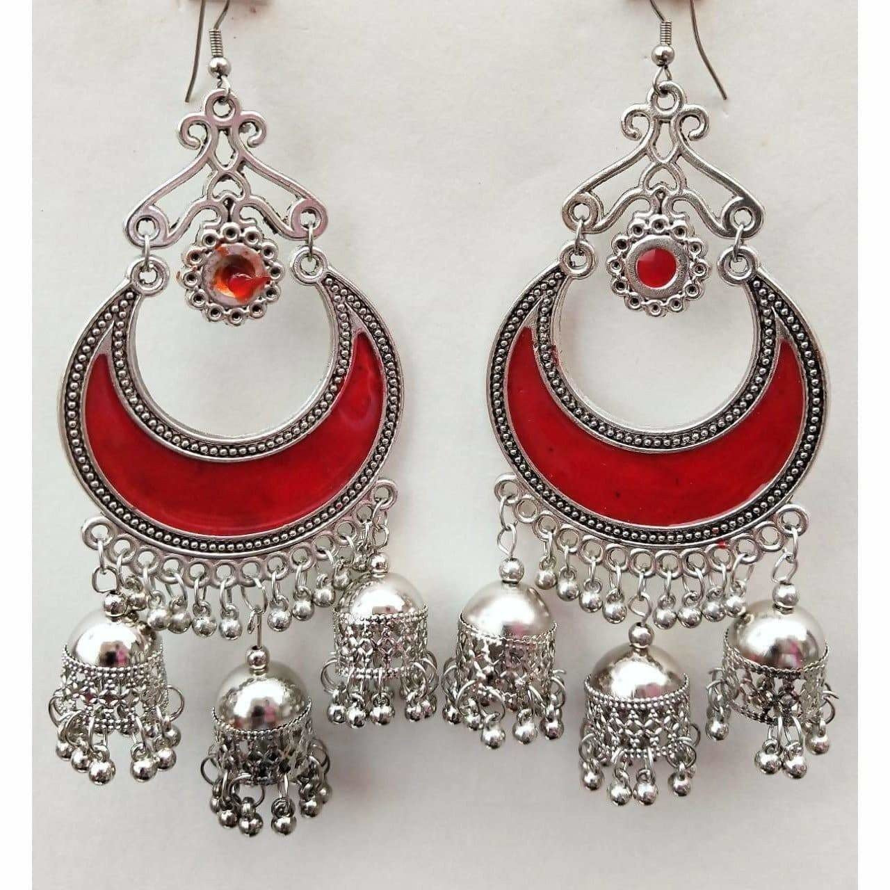 MS Fashion India Red Enamel Silver Oxidized Half Moon Triple Jhumka Floral Hanging Earrings | Swadesiicart