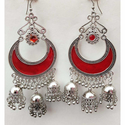 MS Fashion India Red Enamel Silver Oxidized Half Moon Triple Jhumka Floral Hanging Earrings | Swadesiicart