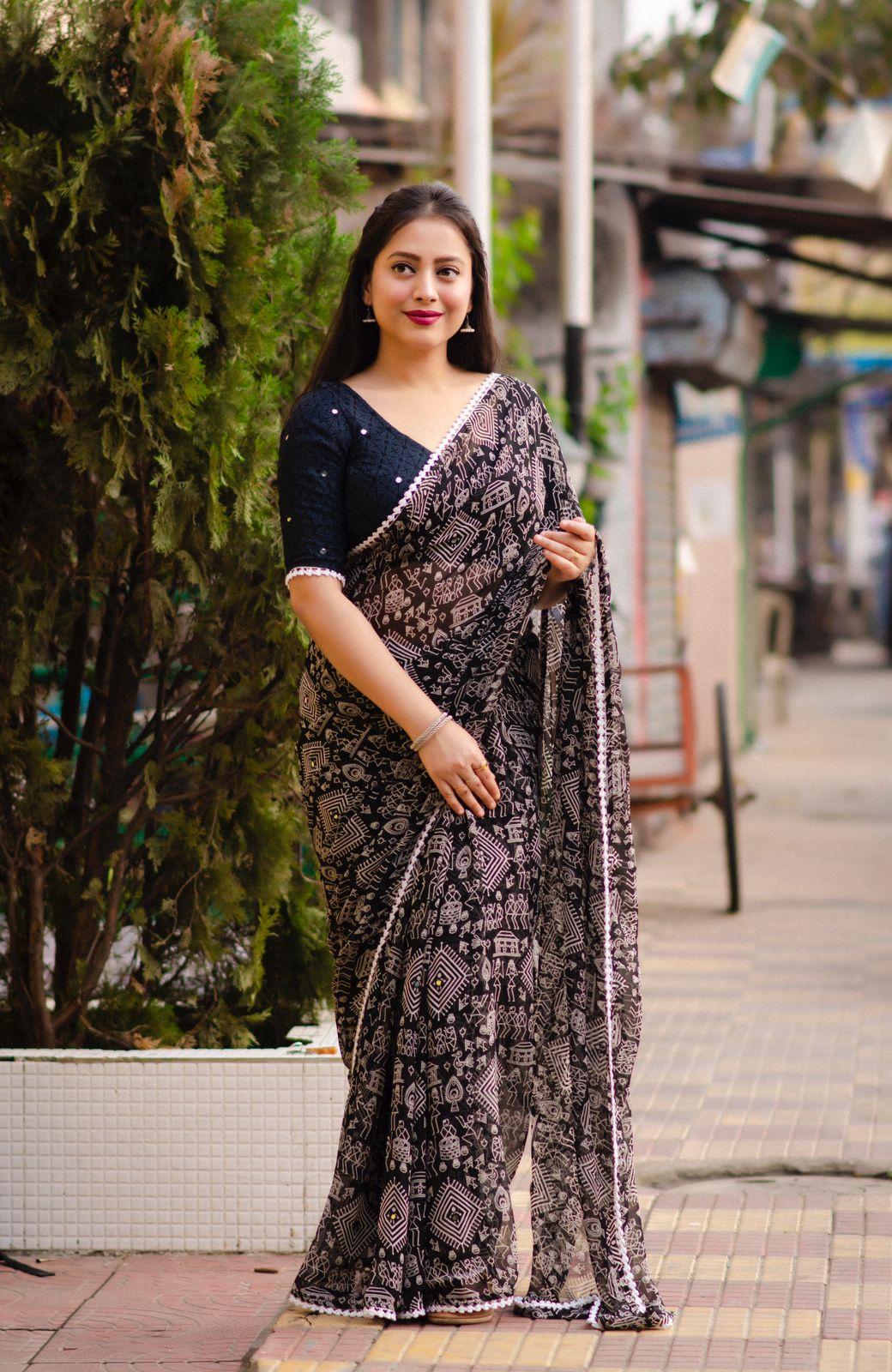 Black Poly Georgette Ethnic Motifs Saree with Unstitched Blouse - Hiral Fashion | Swadesiicart