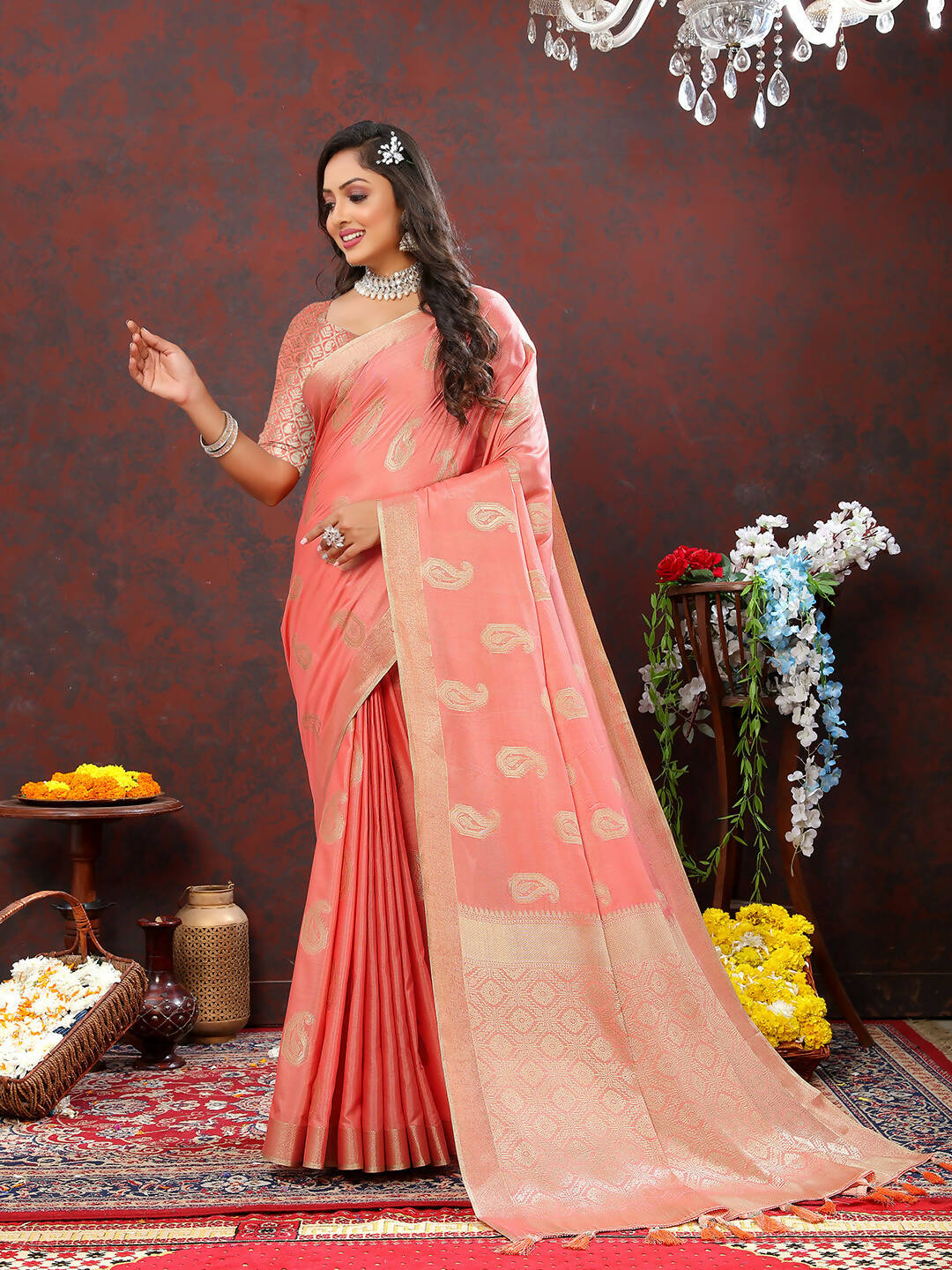 Lorenvalley Fashion Peach Cotton Woven Design with Zari Weaving Design Saree - Swadesiicart
