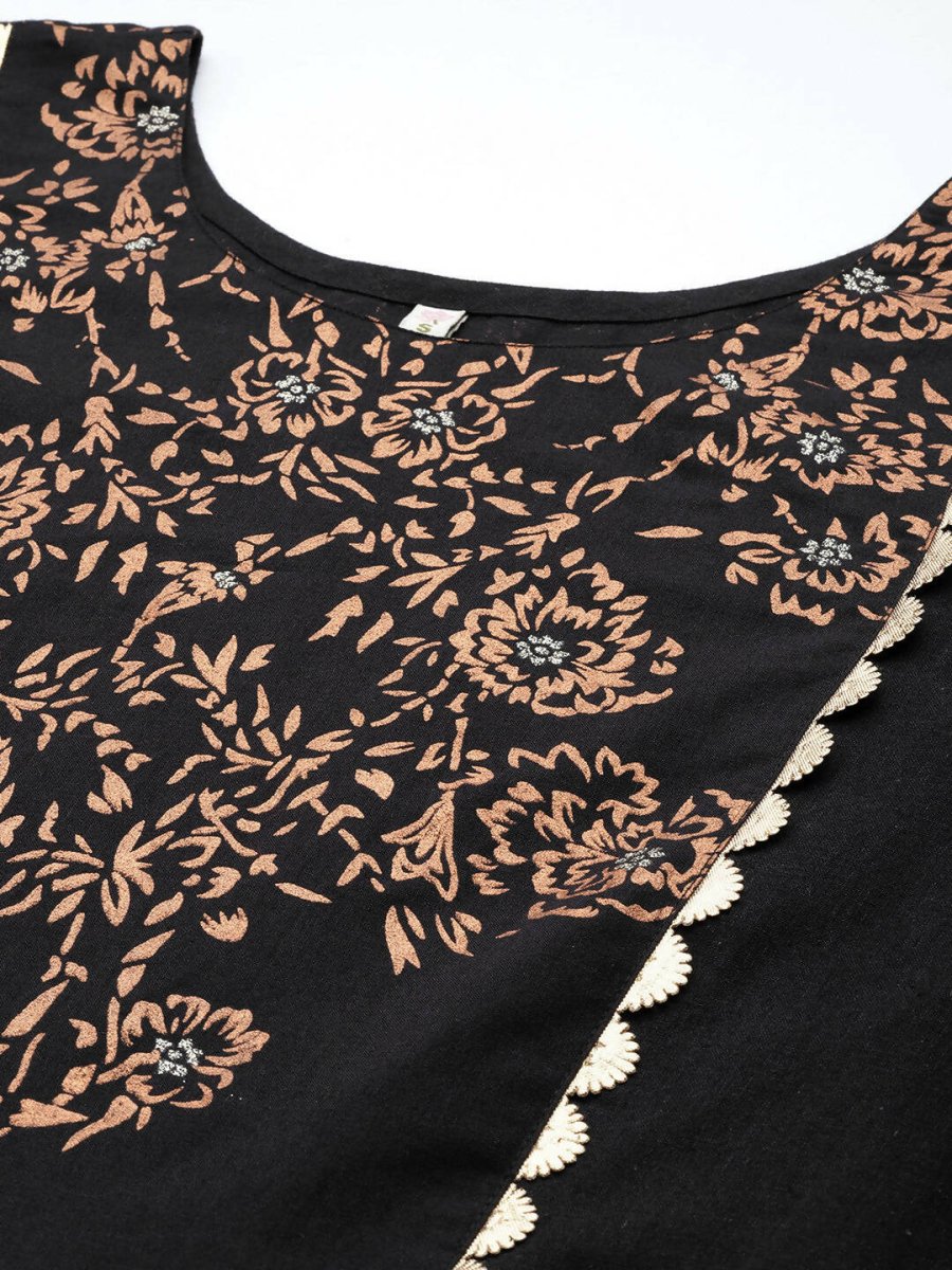 Ahalyaa Women Black Floral Printed Pure Cotton Kurta with Palazzos | Swadesiicart