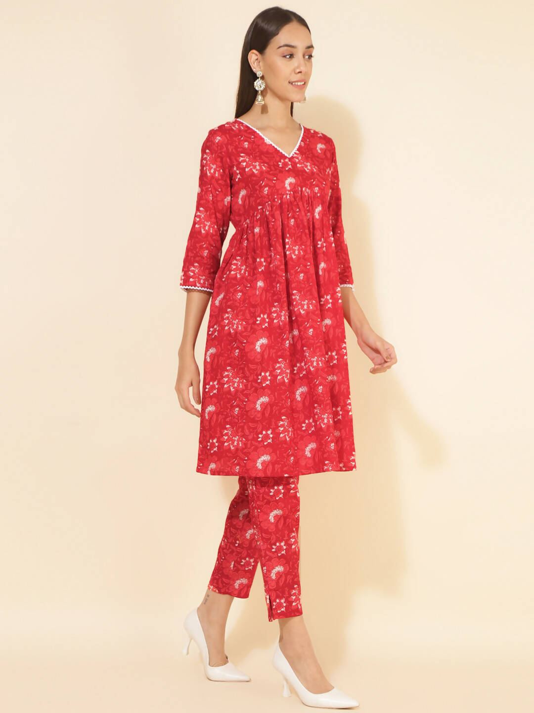 Janasya Women's Red Cotton Floral Printed Casual Flared Co-ords - Swadesiicart