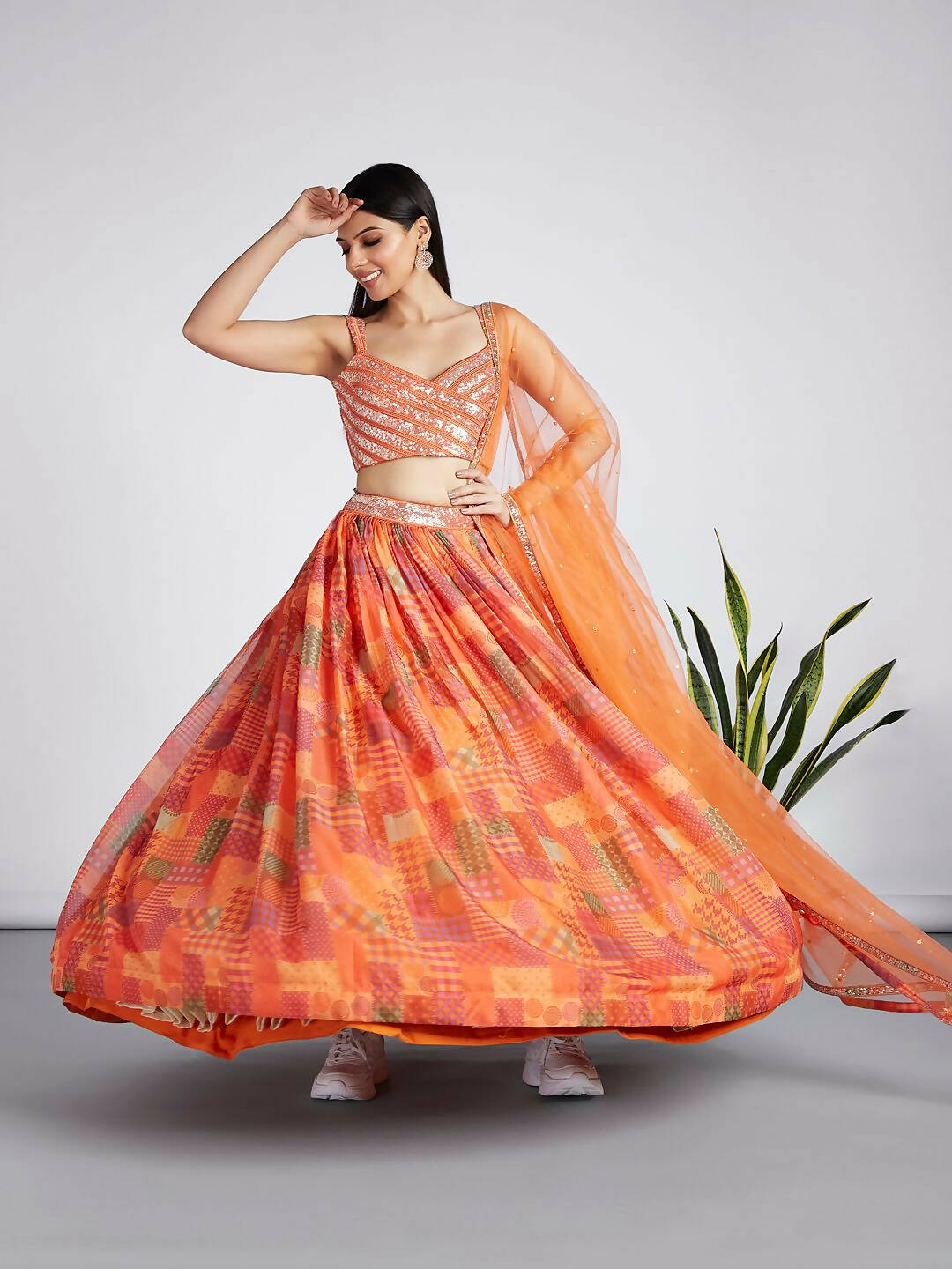 House of Panchhi Orange colour Organza Treditional design digital print Semi-Stitched Lehenga choli & Dupatta | Swadesiicart