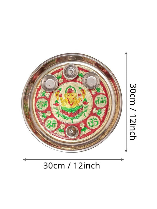 Tied Ribbons Red & Green Printed Pooja Thali With Attached Incense Diya Tilak Holder | Swadesiicart