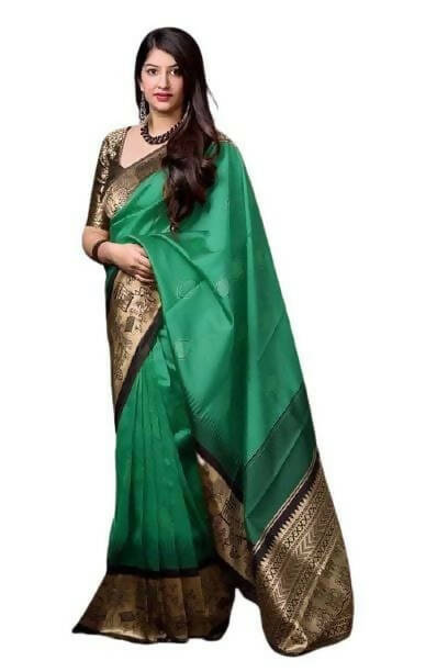 DEIANA'S Beautiful Designer Golden zari Soft Lichi Silk Saree - Green - Swadesiicart