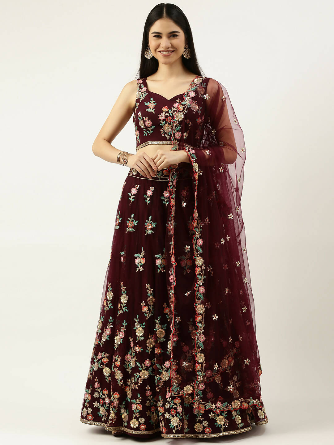 House of Panchhi Burgundy Net Sequinse Work Lehenga & Blouse, Dupatta | Swadesiicart