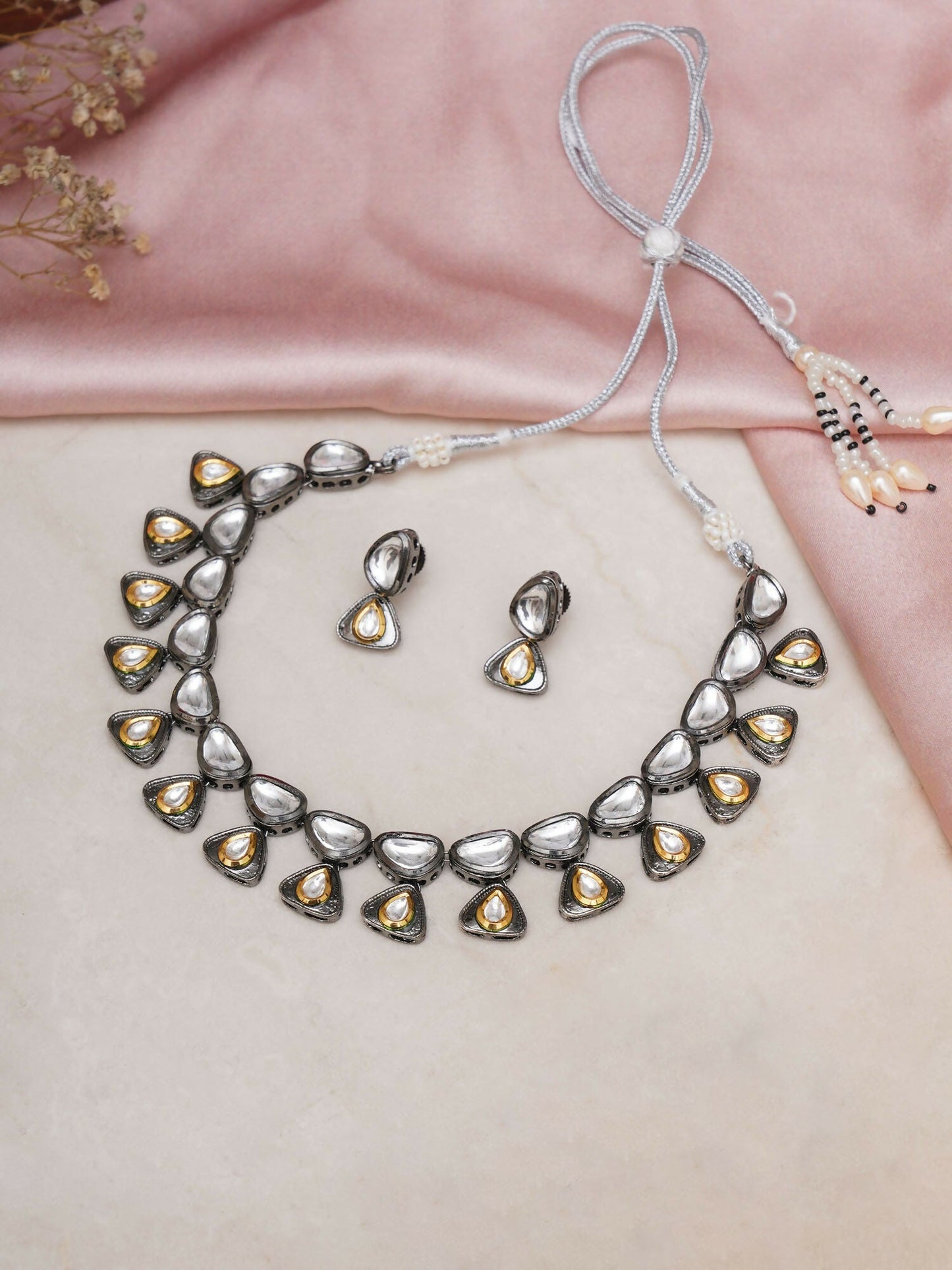 Dual Tone Kundan Neckpiece with Earrings Jewellery Set (silver) - Ruby Raang - Swadesiicart