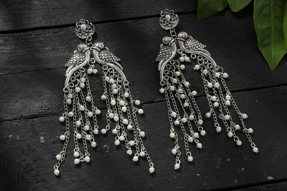 Mominos Fashion Johar Kamal Silver-Plated Oxidised Parrot Design Earrings - Mominos Fashion