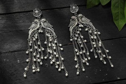 Mominos Fashion Johar Kamal Silver-Plated Oxidised Parrot Design Earrings - Mominos Fashion