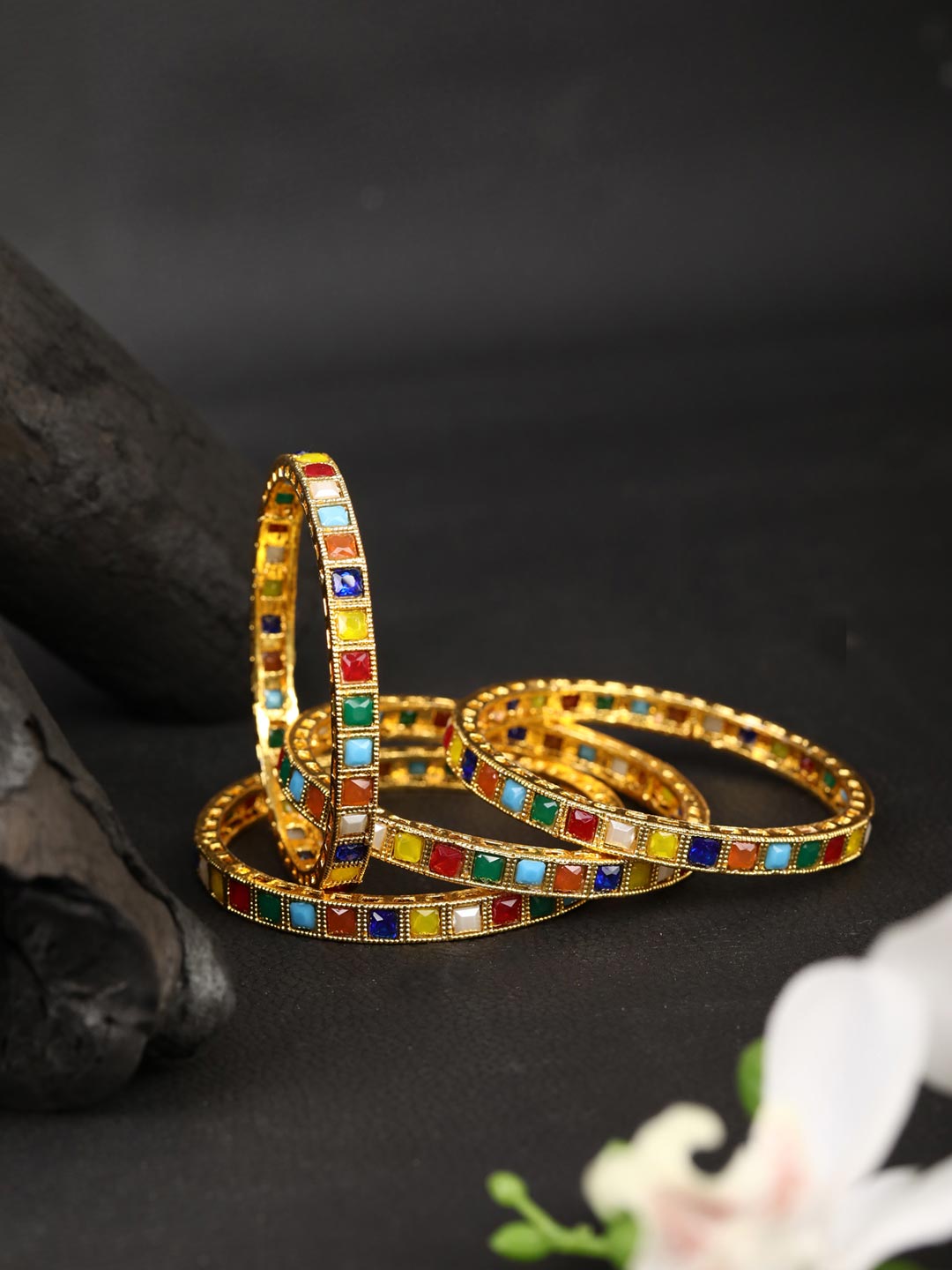 Priyaasi Women Set of 2 Colored Stones Gold-Polished Bangles - Noz2Toz