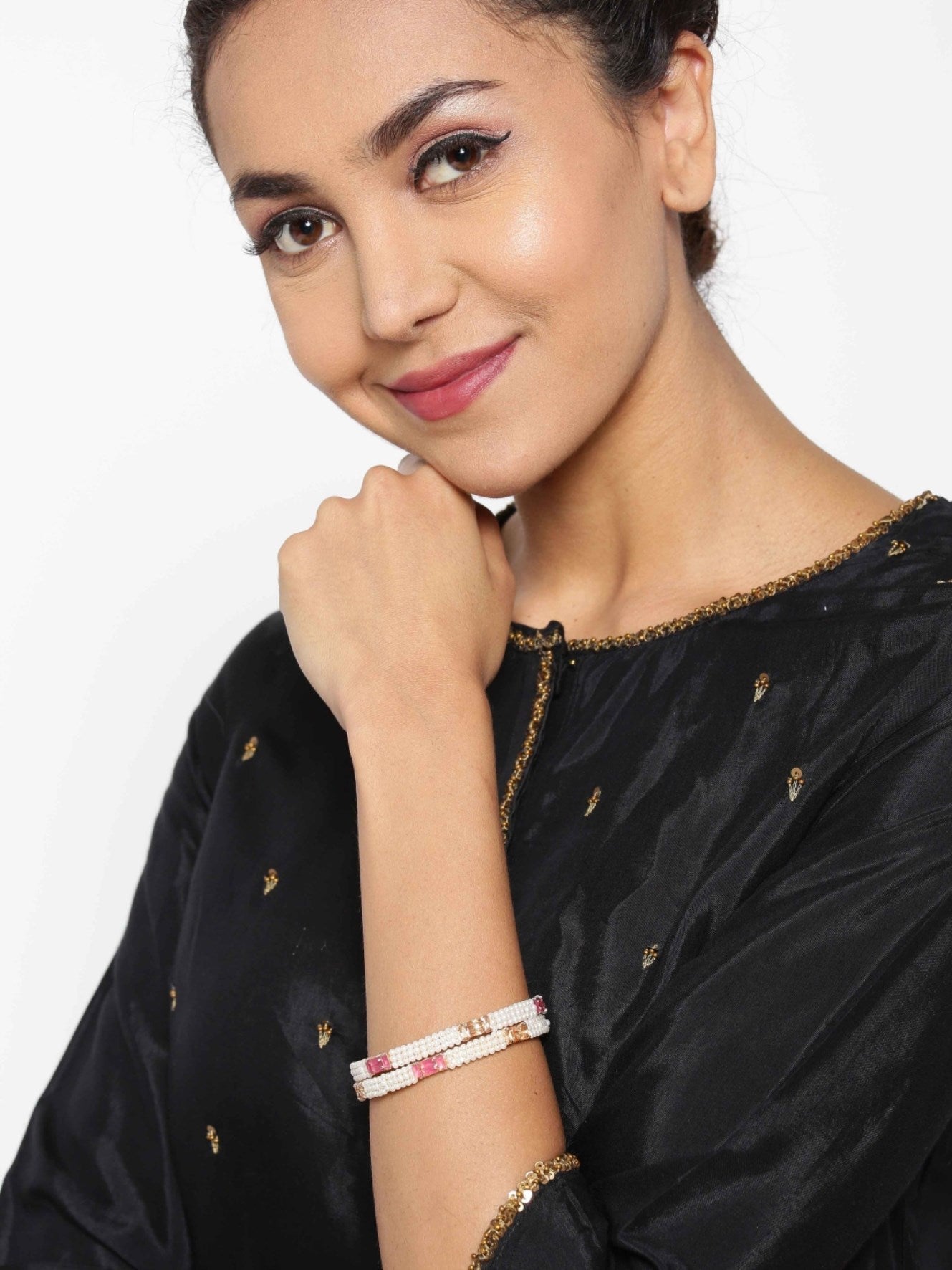 Priyaasi Women Set Of 2 Gold-Polished Pearls and Stones Studded Bangles in Pink and White Color - Swadesiicart