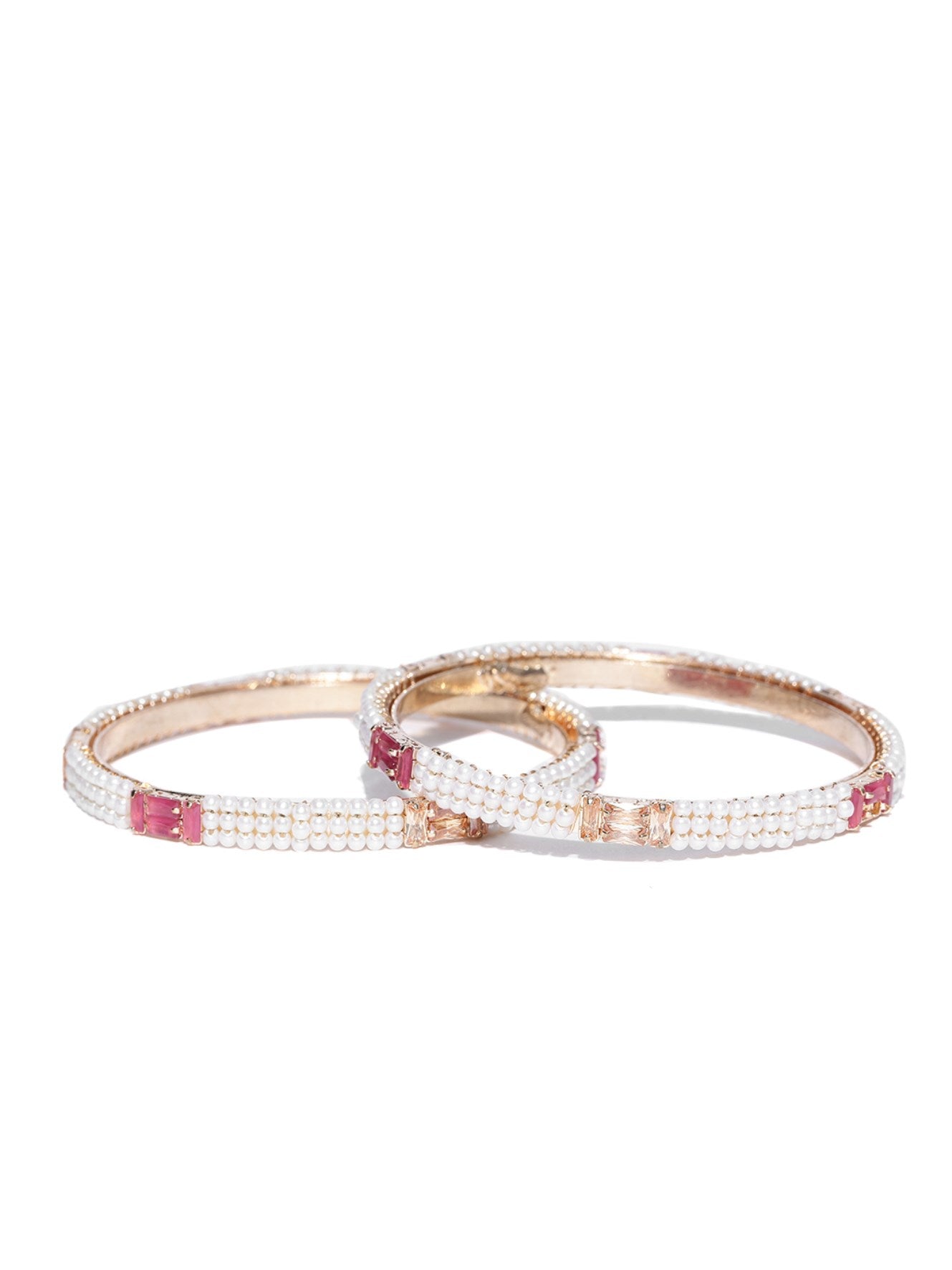 Priyaasi Women Set Of 2 Gold-Polished Pearls and Stones Studded Bangles in Pink and White Color - Swadesiicart