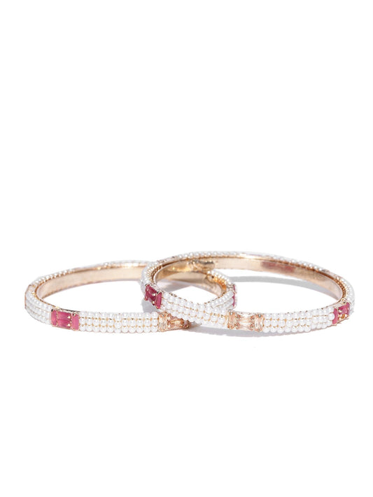 Priyaasi Women Set Of 2 Gold-Polished Pearls and Stones Studded Bangles in Pink and White Color - Swadesiicart