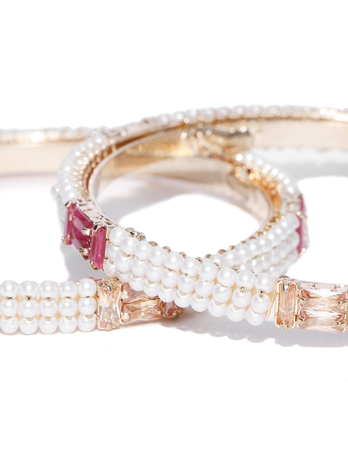 Priyaasi Women Set Of 2 Gold-Polished Pearls and Stones Studded Bangles in Pink and White Color - Swadesiicart