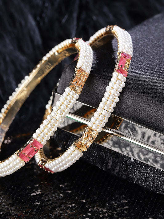 Priyaasi Women Set Of 2 Gold-Polished Pearls and Stones Studded Bangles in Pink and White Color - Noz2Toz