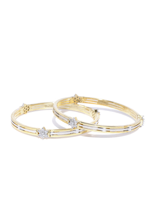 Priyaasi Women Set Of 2 Dual Toned American Diamond Studded Bangles in Floral Pattern - Swadesiicart