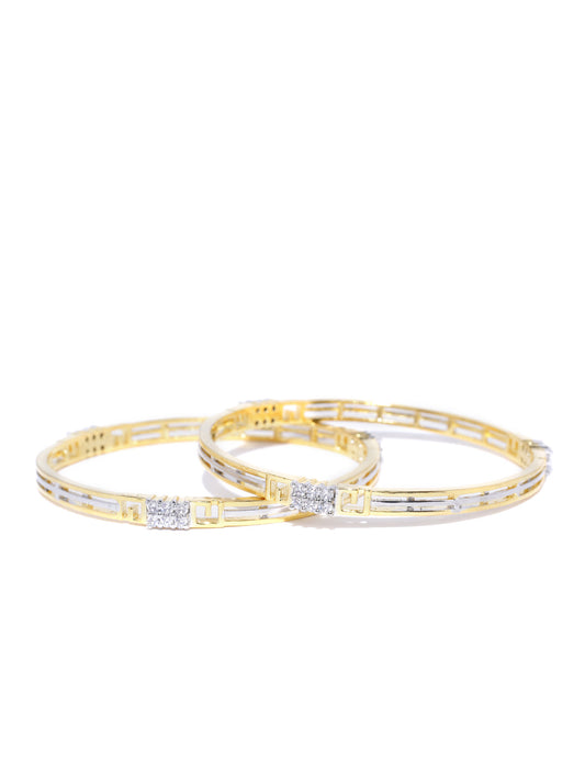 Priyaasi Women Dual Toned AD Studded Geometric Pattern Bangles Set Of 2 - Swadesiicart