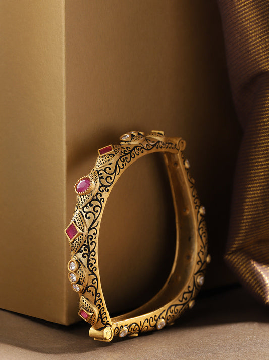 Priyaasi Women Gold-Polished American Diamond & Ruby Studded Openable Bangle - Noz2Toz