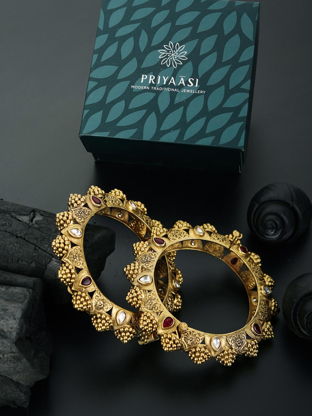 Priyaasi Women Ruby Kundan Gold-Polished Set of 2 Bangle Set - Swadesiicart