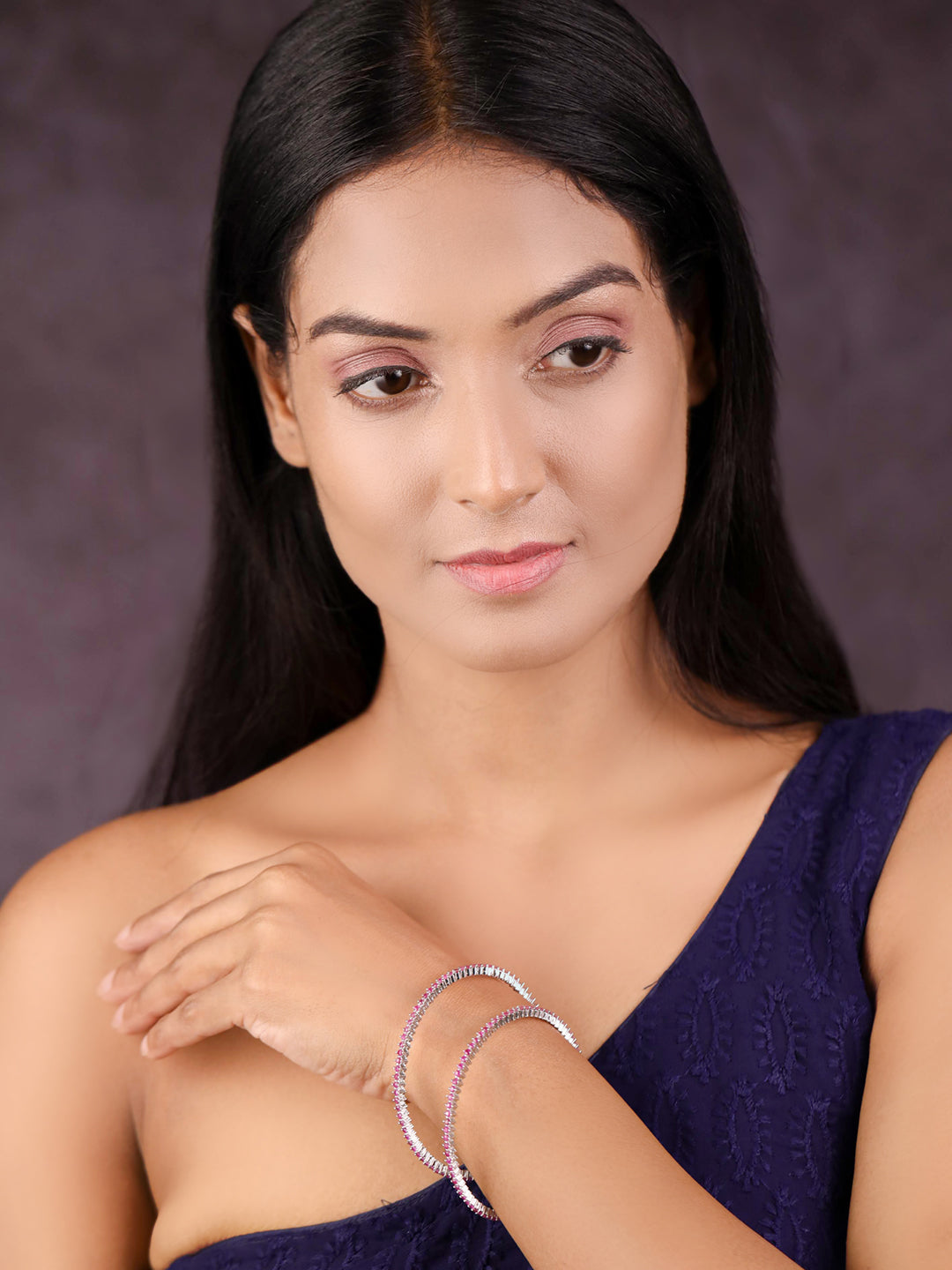 Priyaasi Women Purple Stones Silver Plated Bangles Set - Swadesiicart