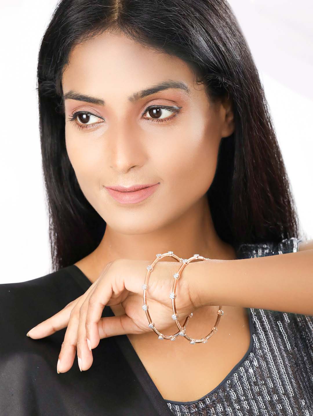 Priyaasi Women Set of 2 American Diamond Rose Gold-Polished Bangles Set - Swadesiicart