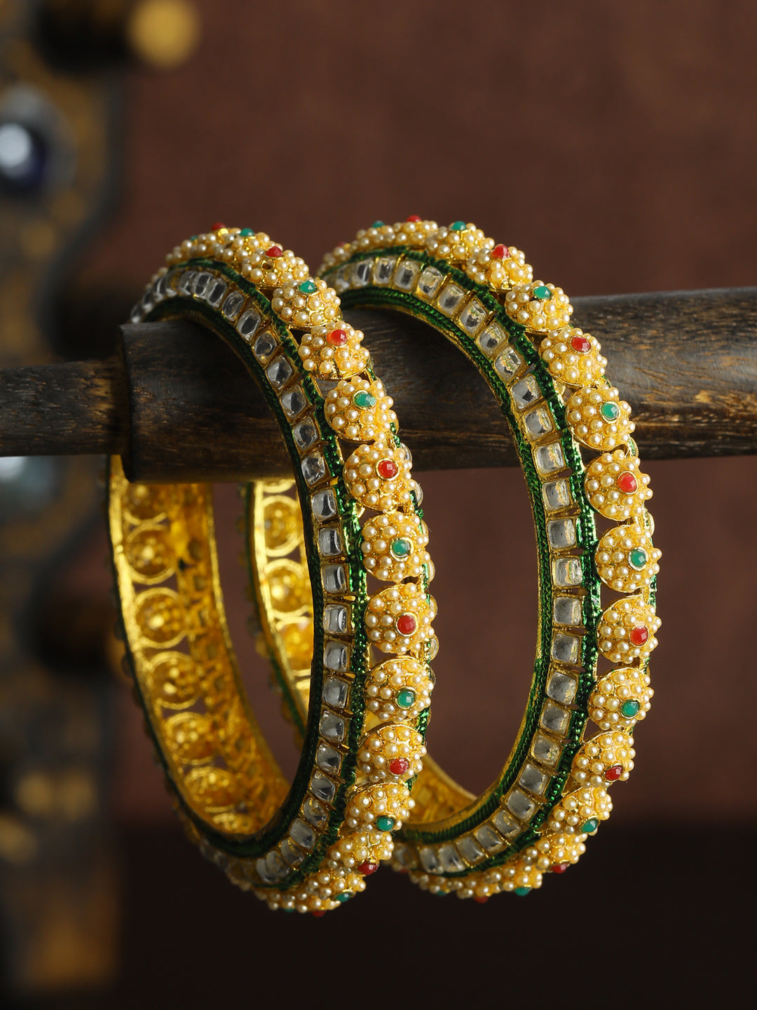 Priyaasi Women Multi Color Kundan Pearls Gold Platted Set Of 2 Bangles - Noz2Toz