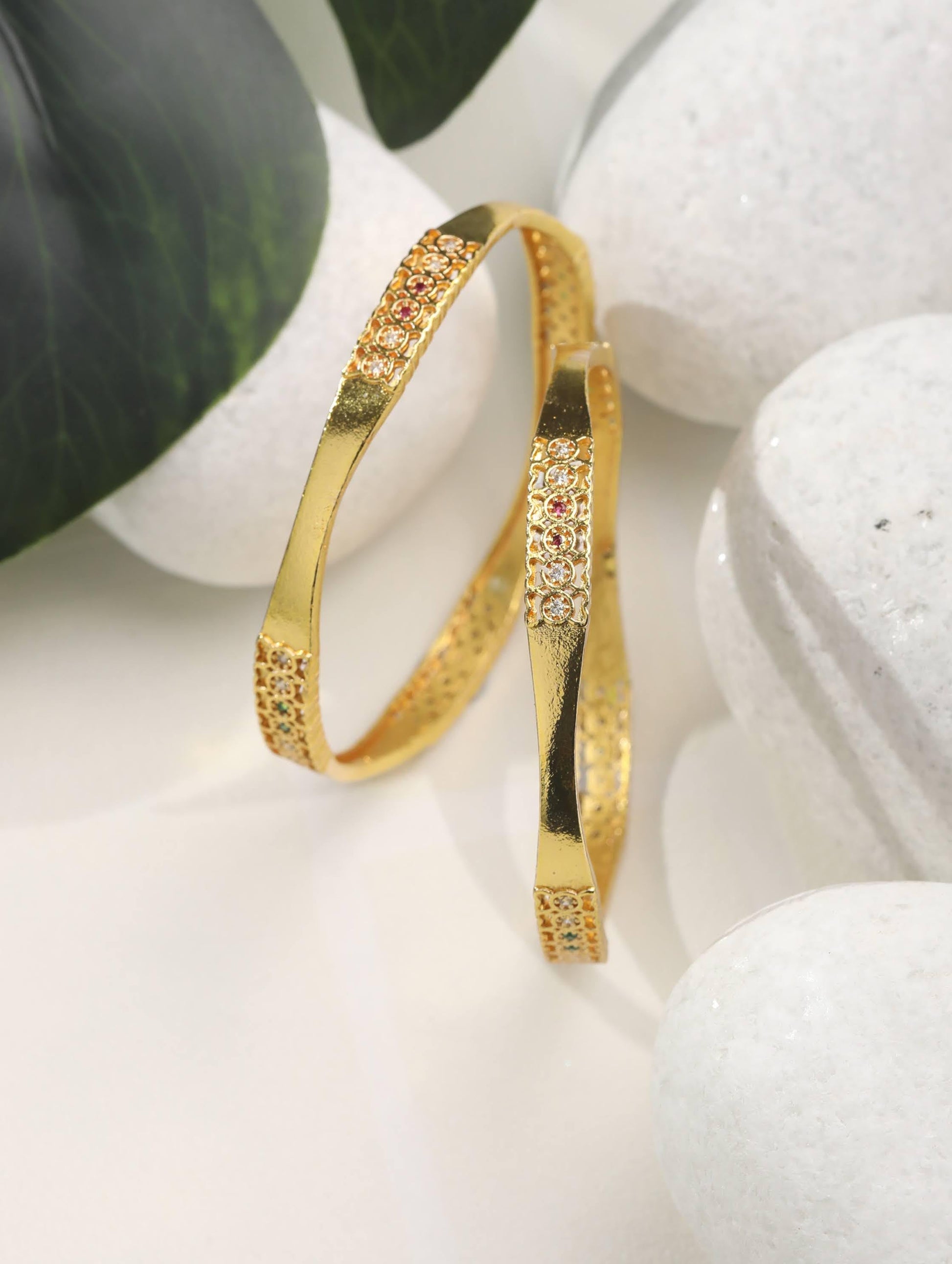 Priyaasi Women Green American Diamond Gold-Polished Set of 2 Bangle Set - Swadesiicart