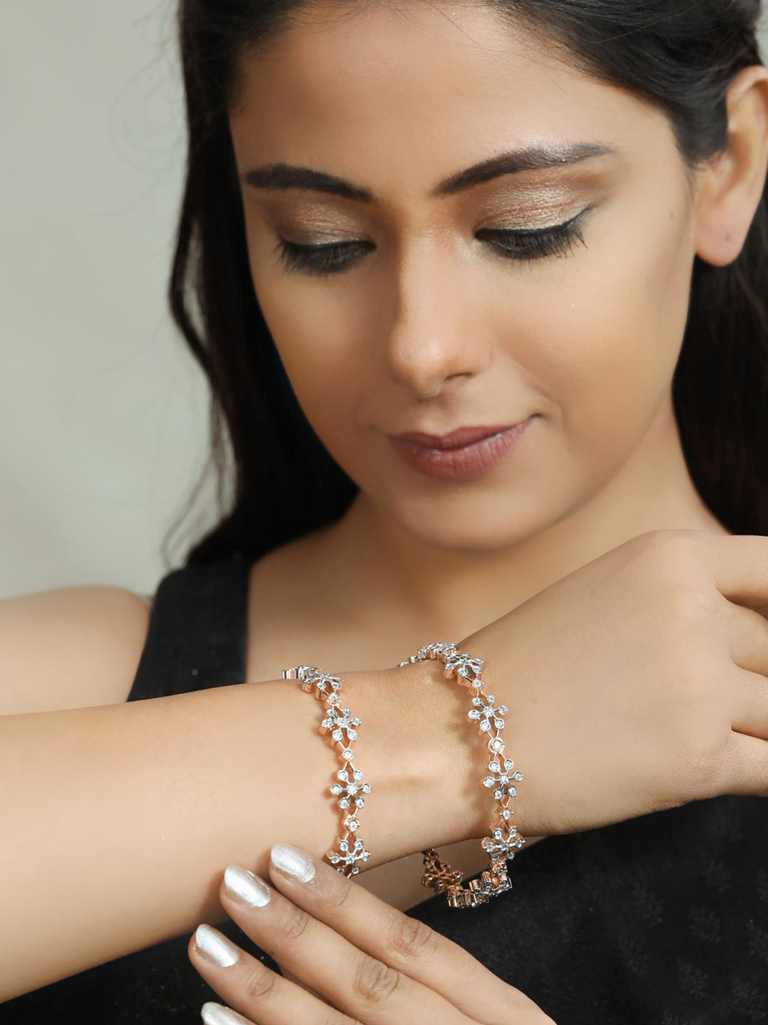 Priyaasi Women American Diamond Rose Gold-Polished Bangle Set - Swadesiicart