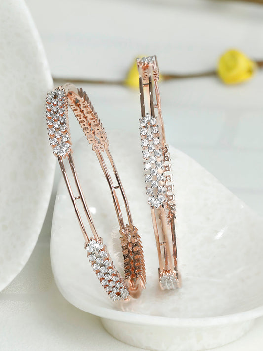 Priyaasi Women Elegant Floral American Diamond Rose Gold Bangles Set of 2 - Noz2Toz