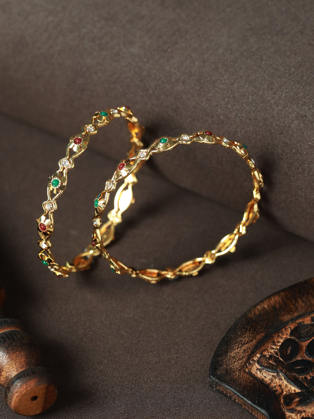 Priyaasi Women Floral Studded Gold-Polished Bangle Set of 2 - Swadesiicart