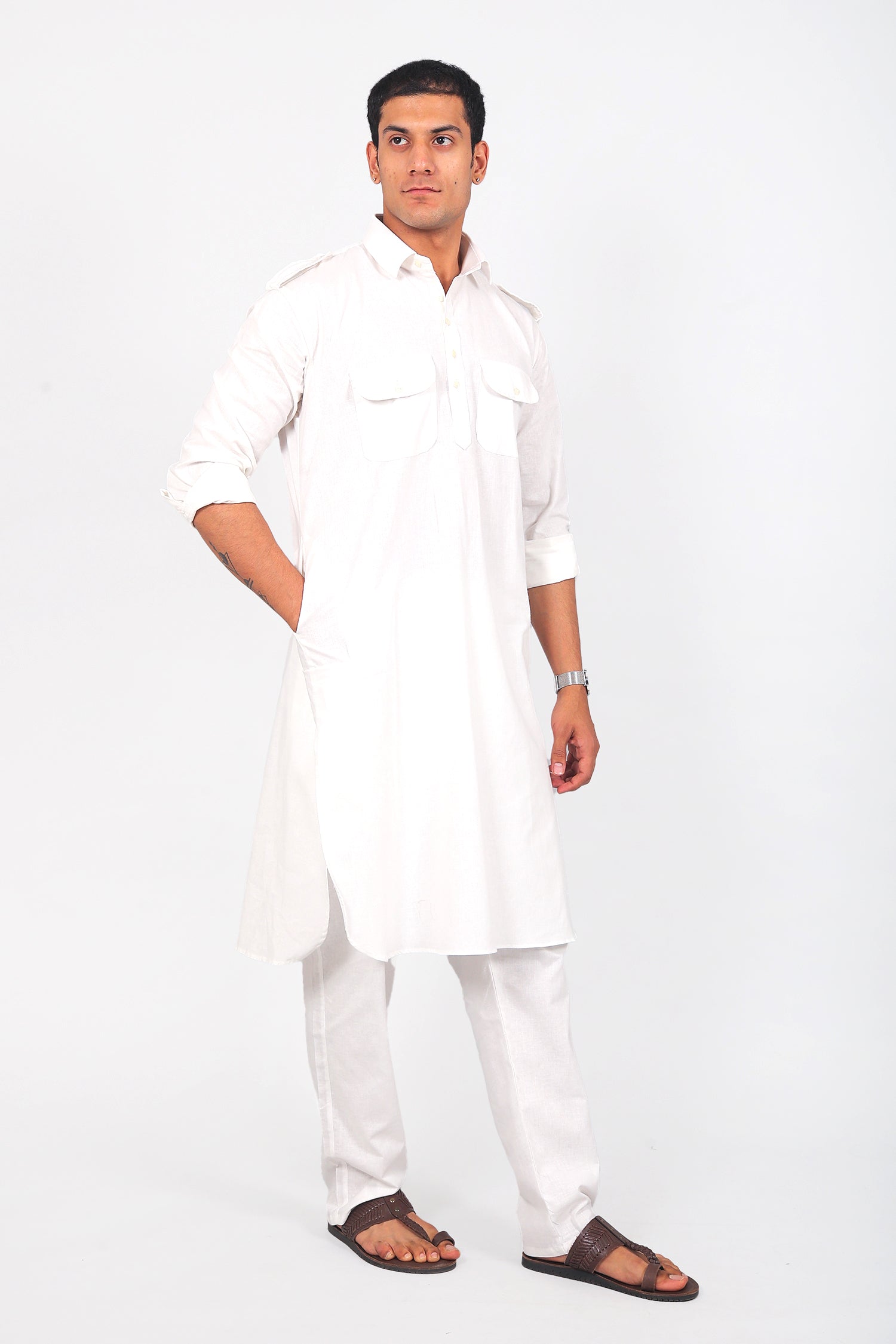 Bluesaanchi Men's Pathani White Color Kurta With Trouser Pant | Swadesiicart