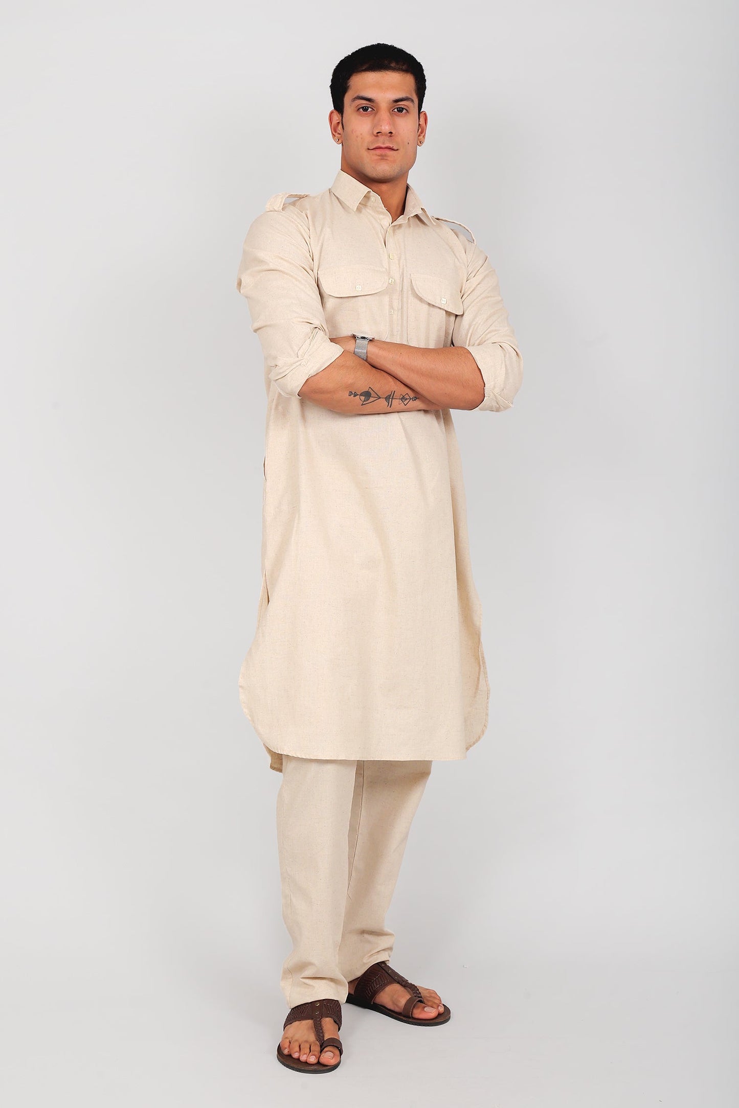Bluesaanchi Men's Pathani Cream Color Kurta With Trouser Pant | Swadesiicart