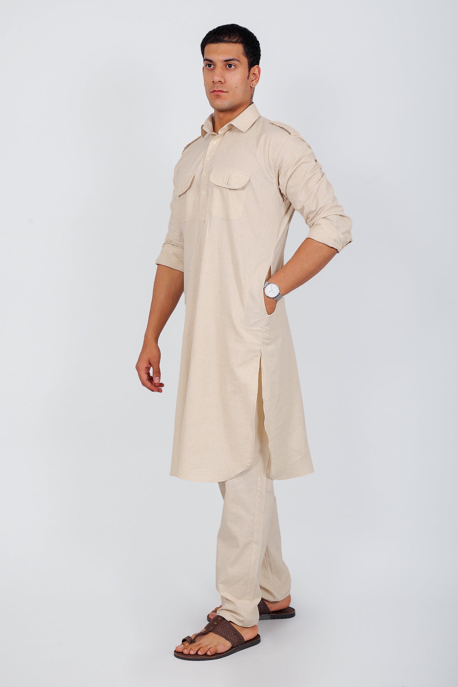 Bluesaanchi Men's Pathani Cream Color Kurta With Trouser Pant | Swadesiicart