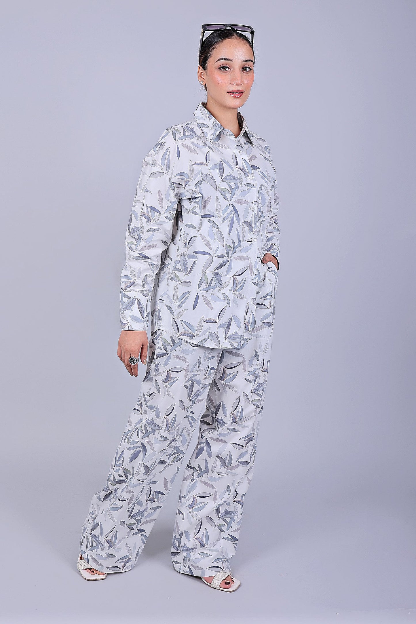 Bluebird Women's Printed Co-ord Set White Leaf - Swadesiicart