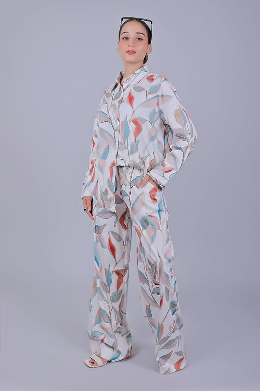 Bluebird Women's Printed Co-ord Set White Orange Leaf - Swadesiicart