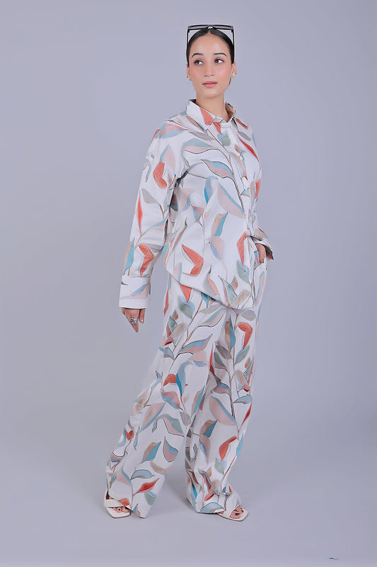 Bluebird Women's Printed Co-ord Set White Orange Leaf - Swadesiicart